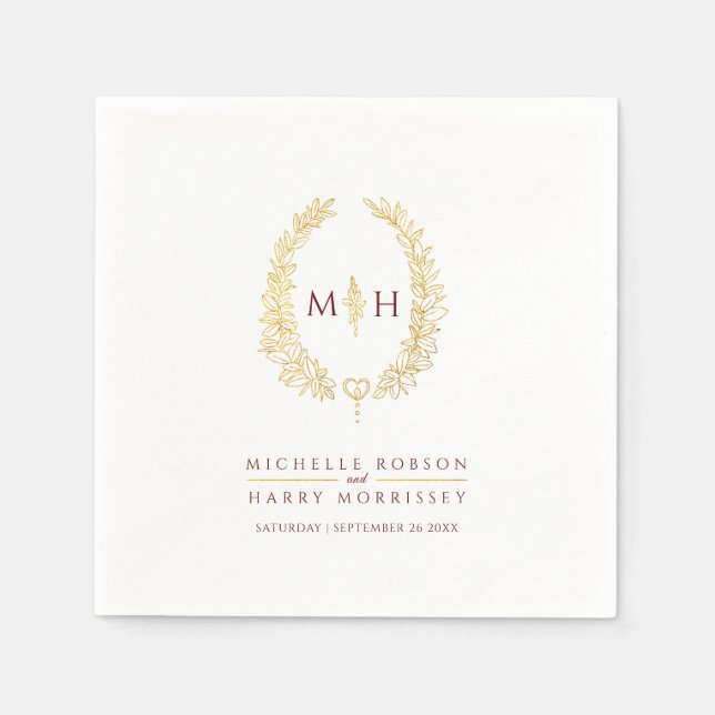 Ovale Kranzkunst Blätter Goldrot-Monogramm-Hochzei Serviette (Vorderseite)