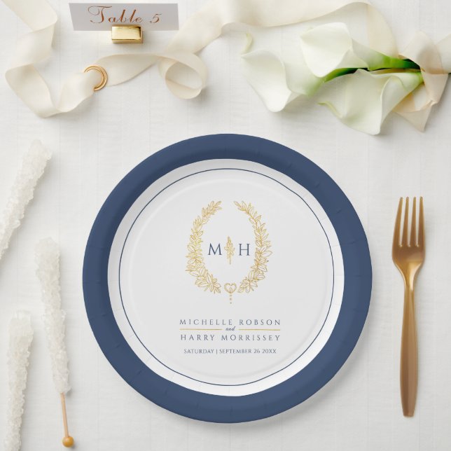Ovale Kranzkunst verlasse goldblaue Monogramm-Hoch Pappteller (Hochzeit)