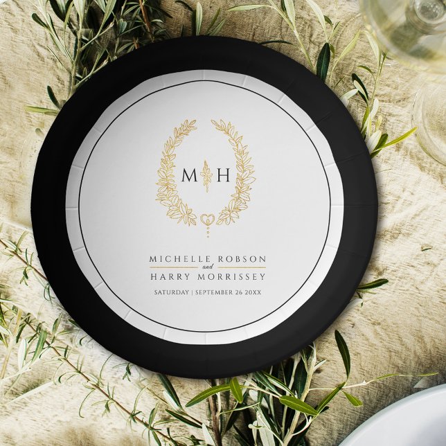 Ovale Kranzkunst verlasse goldene Monogramm-Hochze Pappteller (Von Creator hochgeladen)