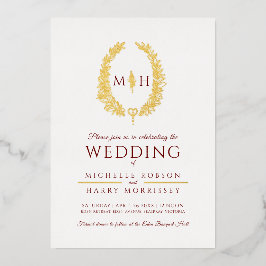 Ovale Leaf-Linie Kunst Hochzeit bordeauxrote Goldf Folieneinladung