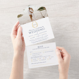 Ovale ovale Hochzeitsgold-Blätter Monogramm Foto All In One Einladung