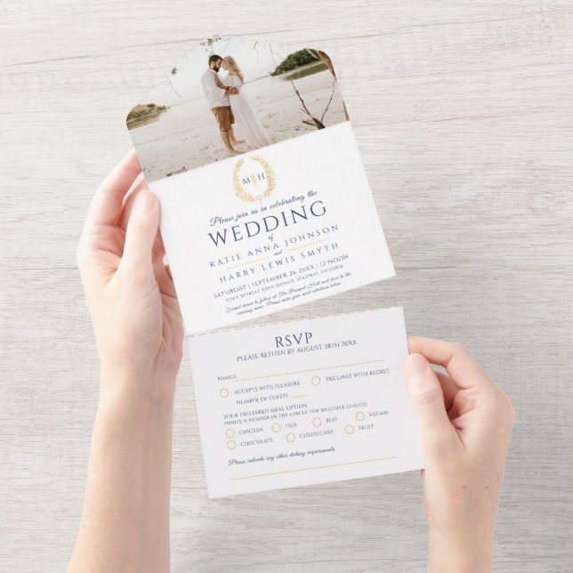 Ovale ovale Hochzeitsgold-Blätter Monogramm Foto All In One Einladung (Abreißen)