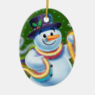 Ovale Weihnachtsbaumdekoration Snowman & tinsel. Keramik Ornament