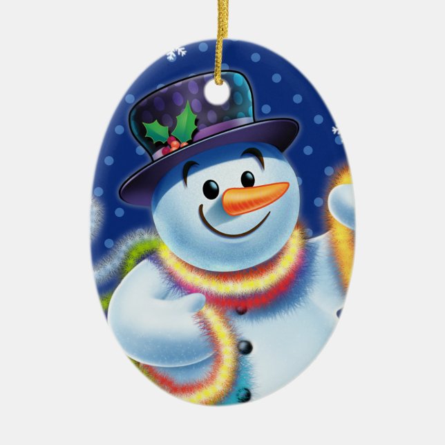 Ovale Weihnachtsbaumdekoration Snowman & tinsel. Keramik Ornament (Vorne)