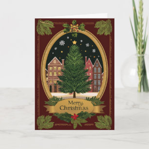 Ovaler Baum und europäisches Dorf Weihnachten Karte