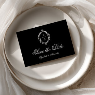 Ovaler Wappenschild Schwarz Old Money Hochzeit Ter Ankündigungspostkarte