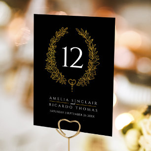 Ovales Kranz Blattgold weiß auf schwarzer Hochzeit Tischnummer