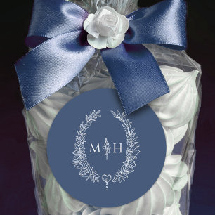 Ovales Kranz Hochzeit monogramm blau weiß Runder Aufkleber