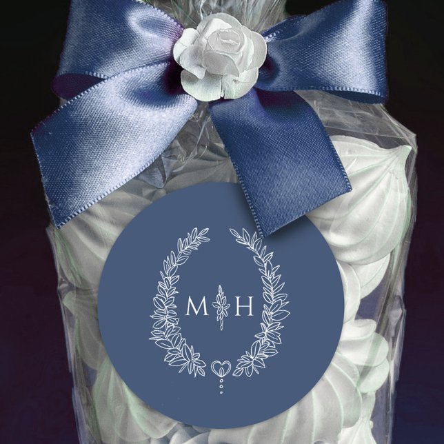 Ovales Kranz Hochzeit monogramm blau weiß Runder Aufkleber (Von Creator hochgeladen)