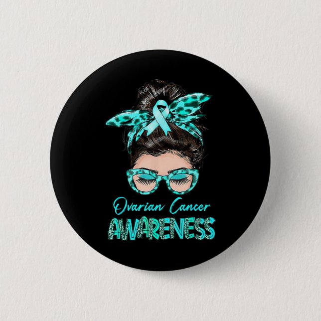 Ovarialkarzinom Bewusstsein Messy Bun Aquamarine S Button (Vorderseite)