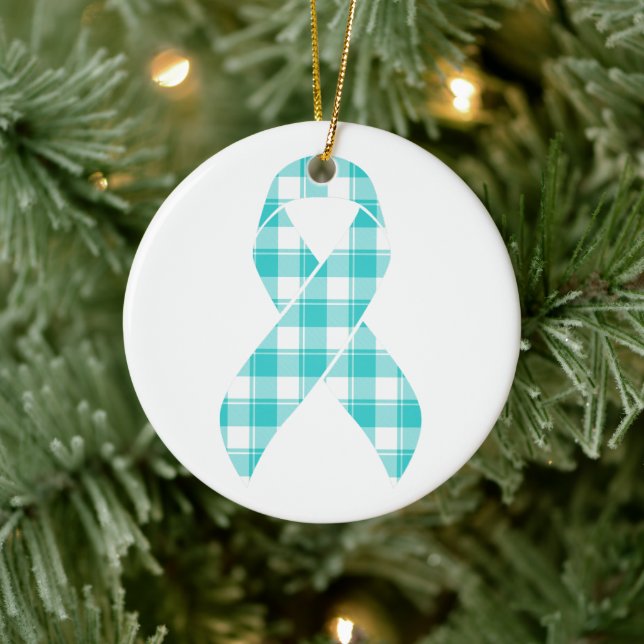 Ovarian Cancer Awareness Plaid Teal Ribbon Keramik Ornament (Baum)