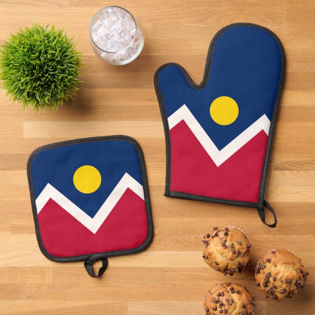 Oven Mitt and Pot Holders mit der Fahne Denver, US Ofenhandschuh & Topflappen-Set (Oben Unten)