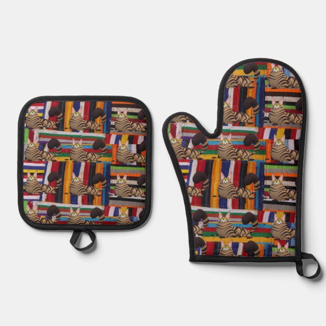 Oven Mitt & Pot Holder Cat Kitten Meow Ofenhandschuh & Topflappen-Set (Vorderseite)