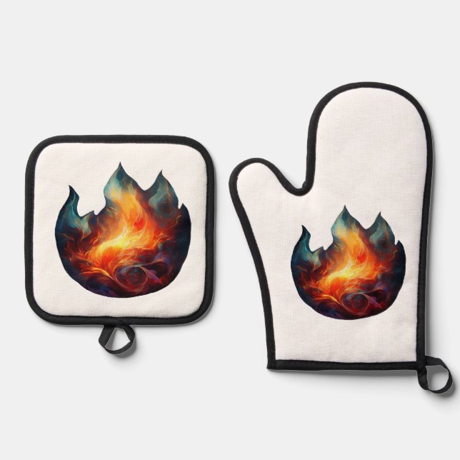 Oven Mitt & Pot Holder - Flammen Artwork Ofenhandschuh & Topflappen-Set (Vorderseite)
