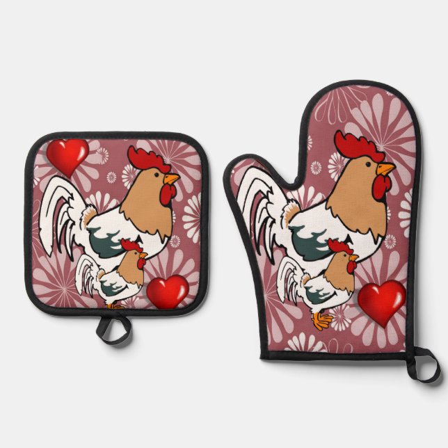 Oven Mitt & Pot Holder Hühner Ofenhandschuh & Topflappen-Set (Vorderseite)