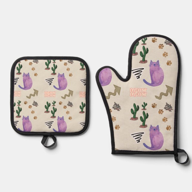 Oven Mitt & Pot Holder Katzen Kätzchen Meow Ofenhandschuh & Topflappen-Set (Vorderseite)