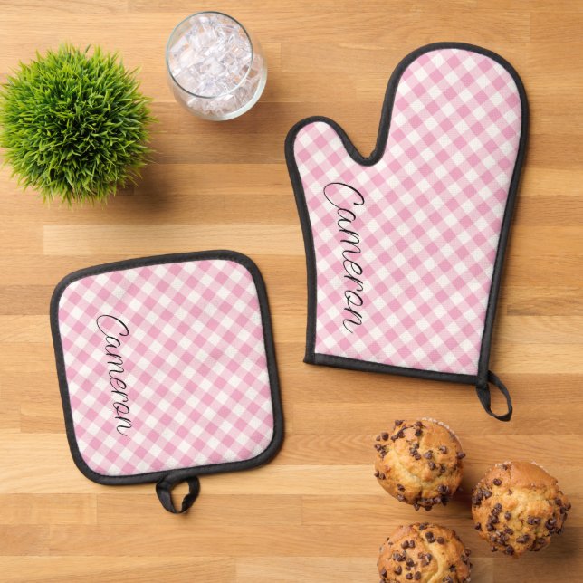 Oven Mitt Pot Holder Set Pink Gingham Personalisie (Oben Unten)