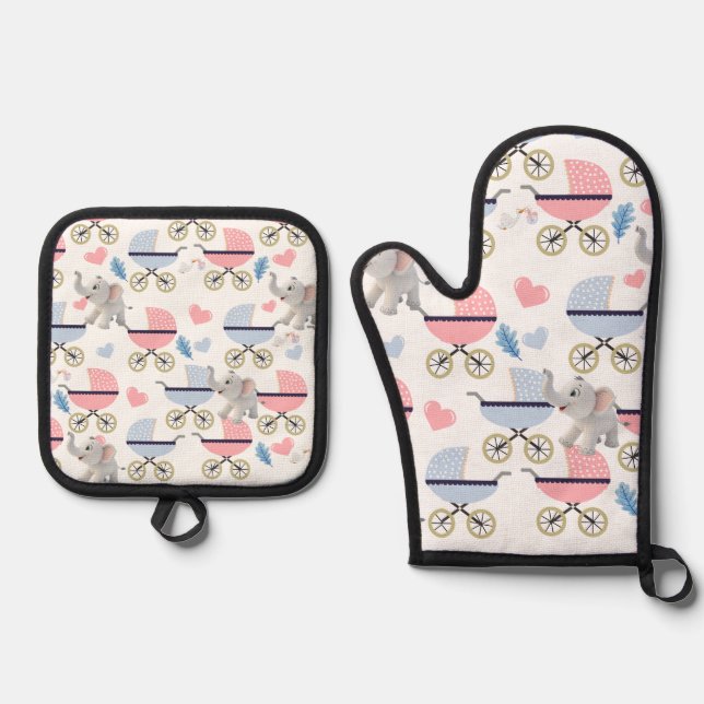 Oven Mitt & Pot Holders Baby Stroller Elephant Ofenhandschuh & Topflappen-Set (Vorderseite)