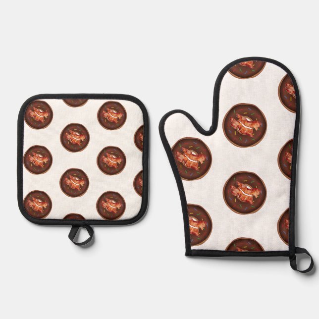 Oven Mitt & Pot Holders Bacon & Donuts Ofenhandschuh & Topflappen-Set (Vorderseite)