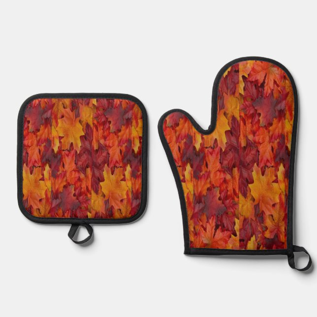 Oven Mitt & Pot Holders Blätter Red Orange Ofenhandschuh & Topflappen-Set (Vorderseite)