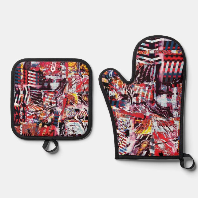 Oven Mitt & Pot Holders – Fragmented Pulse Ofenhandschuh & Topflappen-Set (Vorderseite)