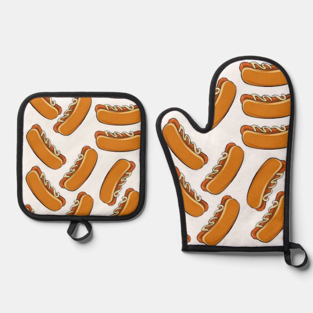 Oven Mitt & Pot Holders Hotdogs Ofenhandschuh & Topflappen-Set (Vorderseite)