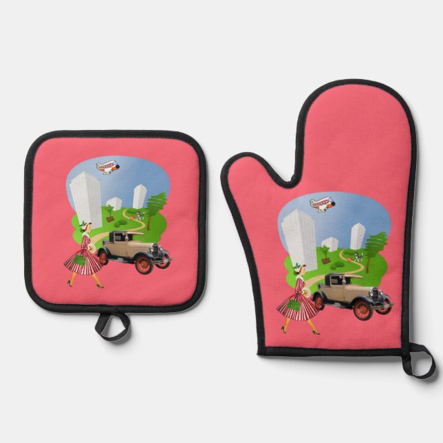 Oven Mitt & Pot Holders Lady Hund Ofenhandschuh & Topflappen-Set (Vorderseite)