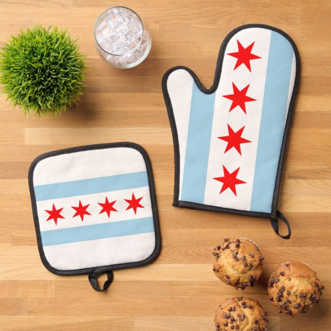 Oven Mitt, Pot Holders mit Flagge von Chicago, USA Ofenhandschuh & Topflappen-Set (Oben Unten)