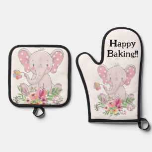 Oven Mitt & Pot Holders Pink Elephant Ofenhandschuh & Topflappen-Set