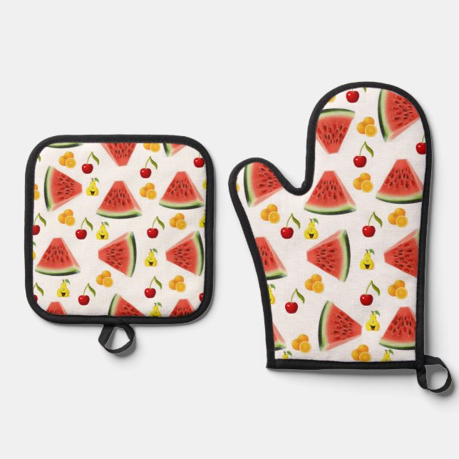 Oven Mitt & Pot Holders Watermelon Birnen Ofenhandschuh & Topflappen-Set (Vorderseite)
