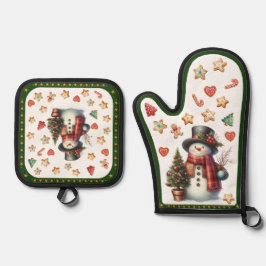 Oven Mitt Snowman and Christmas Cookies Green Ofenhandschuh & Topflappen-Set