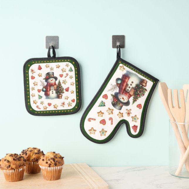 Oven Mitt Snowman and Christmas Cookies Green Ofenhandschuh & Topflappen-Set (Insitu (Hängend))