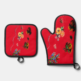 OVEN MITT UND POT HOLDER BLUME STIL DESIGN OFENHANDSCHUH & Topflappen-Set
