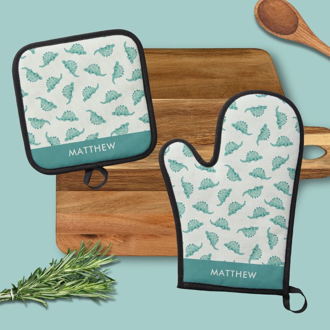 Oven Mitt und Pot Holder Ofenhandschuh & Topflappen-Set (Personalised dinosaur oven glove and oven mitt set)