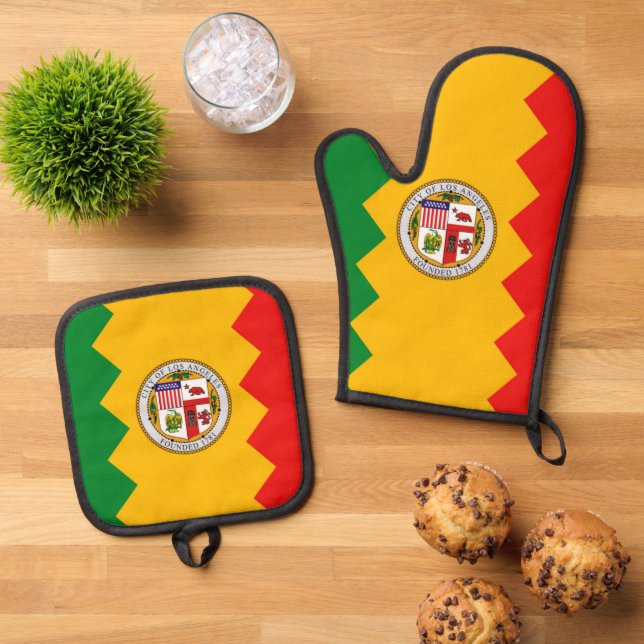 Oven Mitt und Pot Holders mit der Flagge von Los A Ofenhandschuh & Topflappen-Set (Oben Unten)