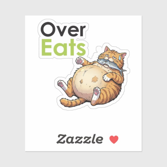 Over Eats - Funny Fat Cat Eating Fish Cartoon Aufkleber (Blatt)