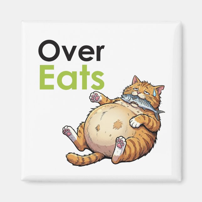 Over Eats - Funny Fat Cat Eating Fish Cartoon Magnet (Vorne)