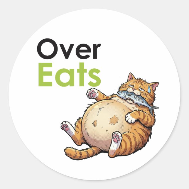 Over Eats - Funny Fat Cat Eating Fish Cartoon Runder Aufkleber (Vorderseite)