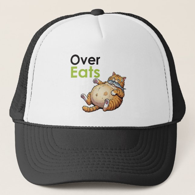 Over Eats - Funny Fat Cat Eating Fish Cartoon Truckerkappe (Vorderseite)