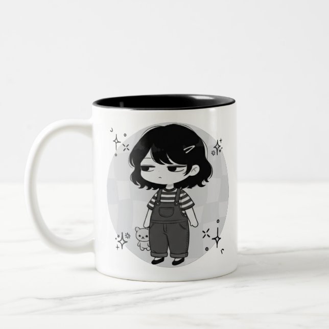 Over It Round Aesthetic Chibi Girl Illustration Zweifarbige Tasse (Links)