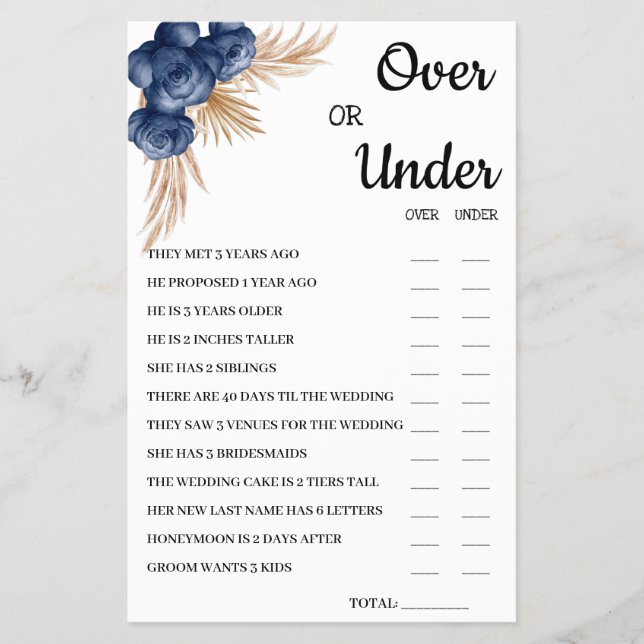 Over oder Under Blue Flowers Brautparty Game Card Flyer (Vorne)
