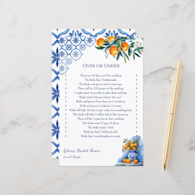 Over oder Under blue talavera Brautparty Games (Vorderseite/Rückseite Beispiel)