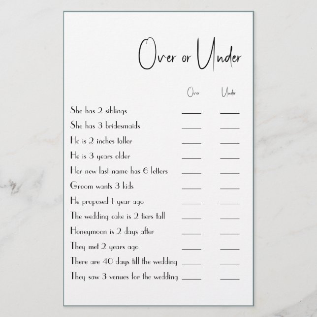 Over oder under Couple Shower Game Flyer (Vorne)