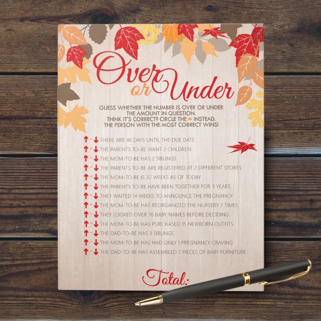 Over oder Under-Fall-Showdusche Party-Game Pack Notizblock (Fall Over or Under Bridal Shower Party Game. Comes in a pack of 40 easy tear away games!)