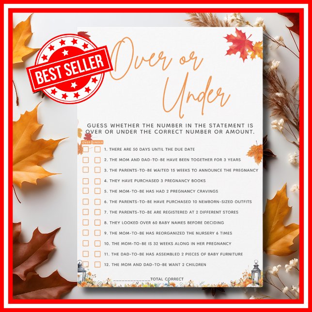 OVER ODER UNTER Baby Shower Spiel ein wenig Pumpki Einladung (OVER OR UNDER Baby Shower Game with Answers A Little Pumpkin is on the Way Theme )