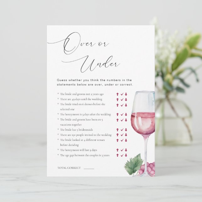 Over or Under Vino before Vows Bridal Shower Game Einladung (Stehend Vorderseite)