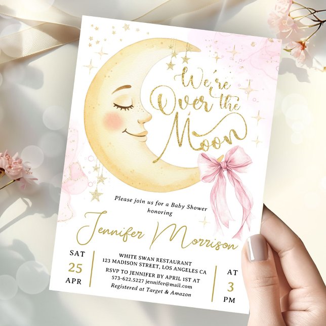 Over the Moon Baby Shower Girl Pink Bow Cute Moon Einladung (Von Creator hochgeladen)