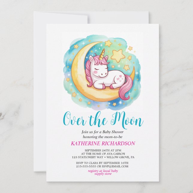 Over the Moon Baby Shower – Sleeping Unicorn  Einladung (Vorderseite)