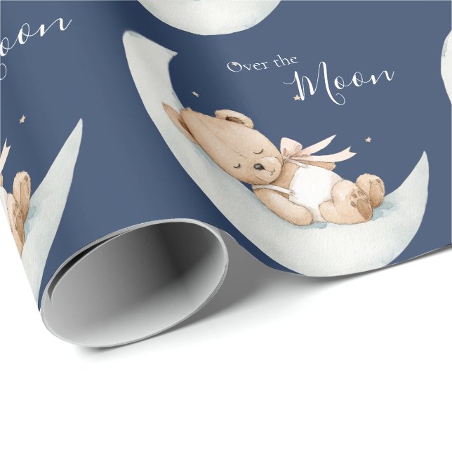 Over the Moon Bear Blue Baby Shower Geschenkpapier (Rolleneckpunkt)
