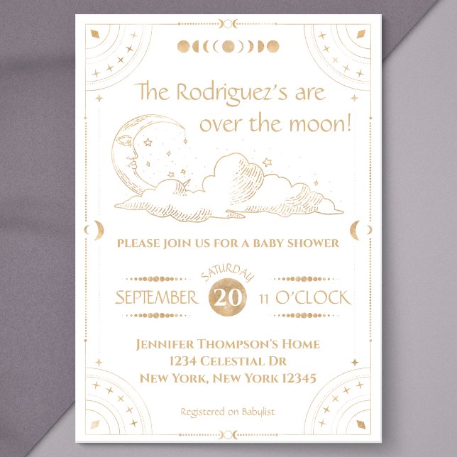 "Over the Moon" Celestial Moon & Stars Kinderdusch Einladung ("over the moon" gold baby shower celestial theme zodiac moon and stars twinkle twinkle little star)